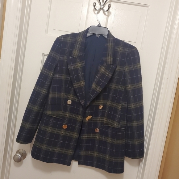 Navy Plaid Fully Lined Career Blazer Medium Navy/Green Classic - Picture 11 of 12